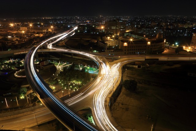 The lights of KPT Bridge in Karachi